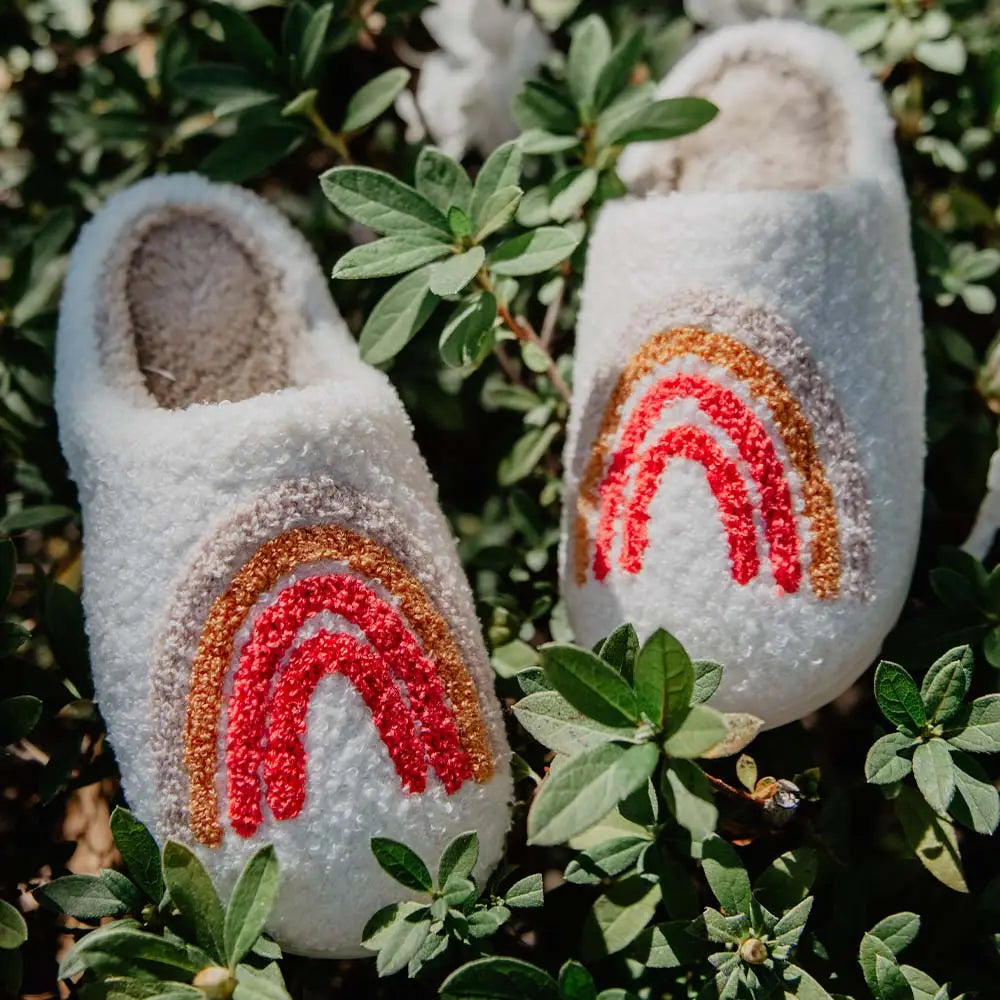 Rainbow fuzzy slippers hotsell