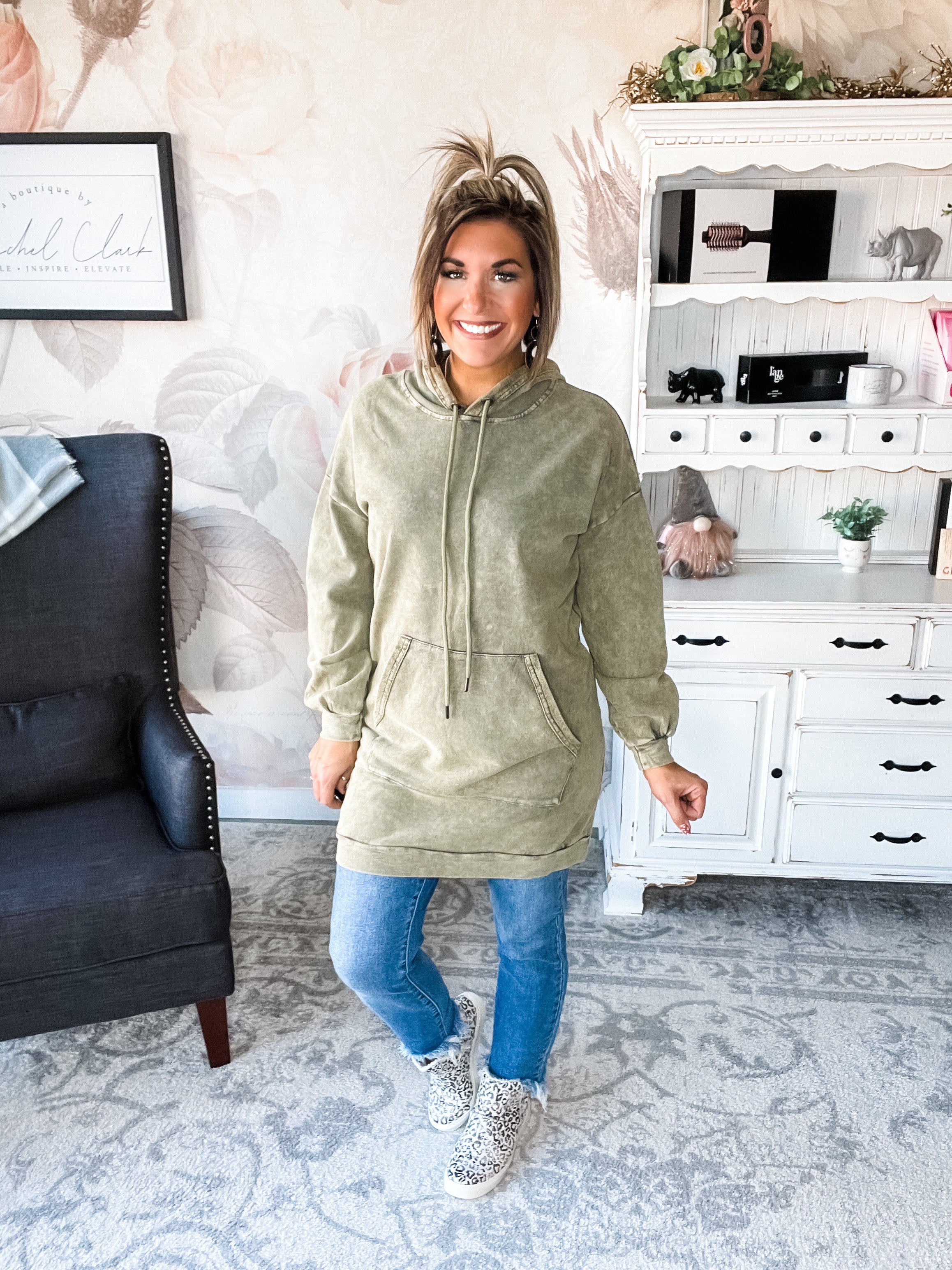 Fight For It Acid Wash Hooded Tunic Dress