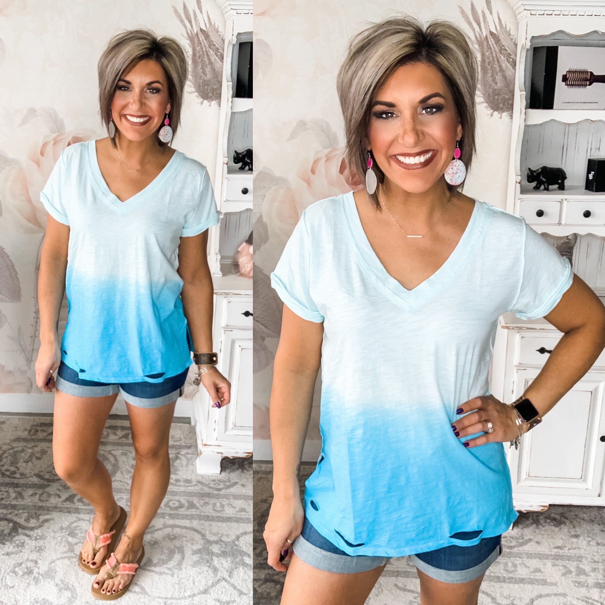 You're My Fav Distressed Hem Tee - Dip Dye Ice Blue
