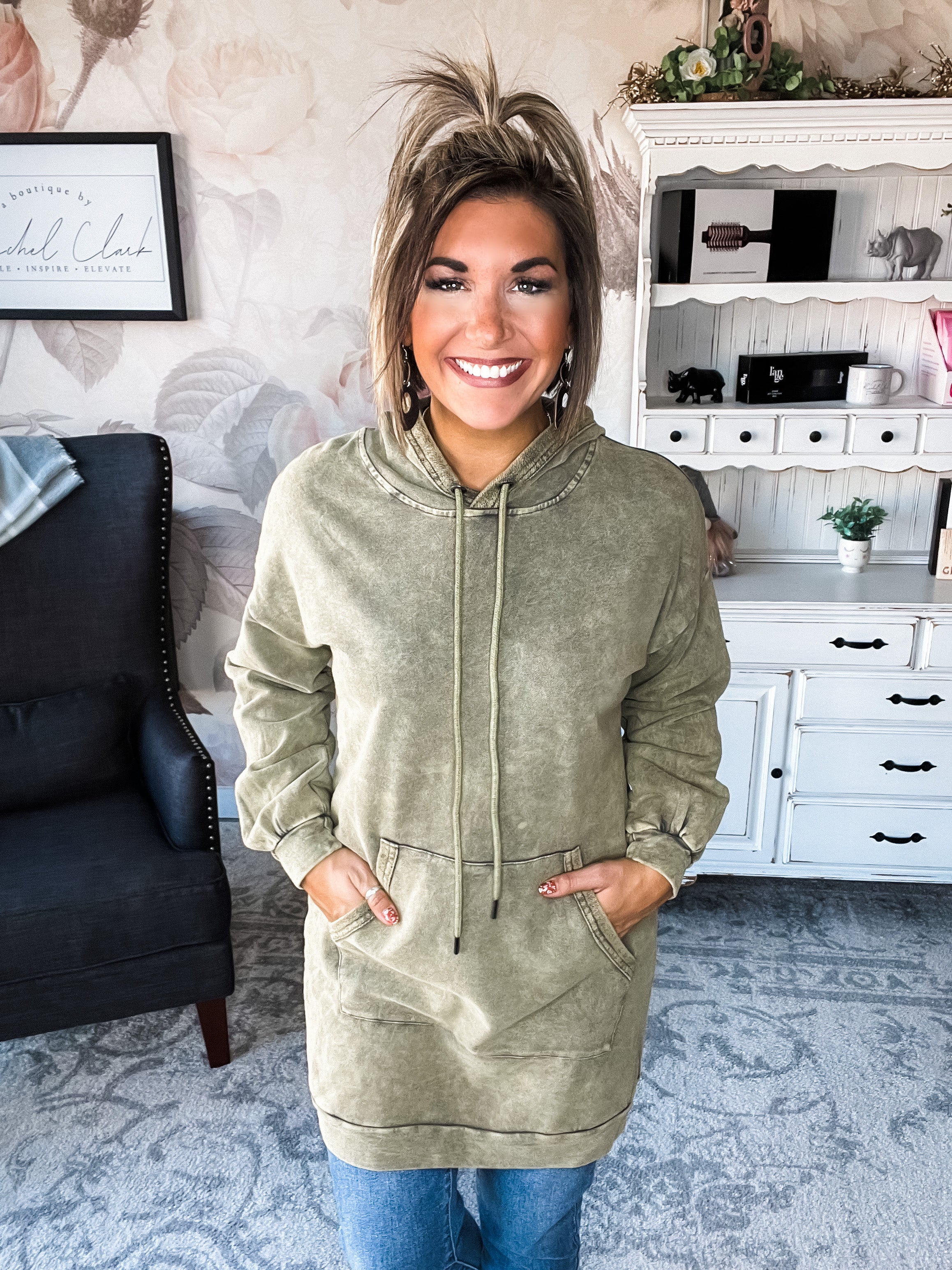 Fight For It Acid Wash Hooded Tunic Dress