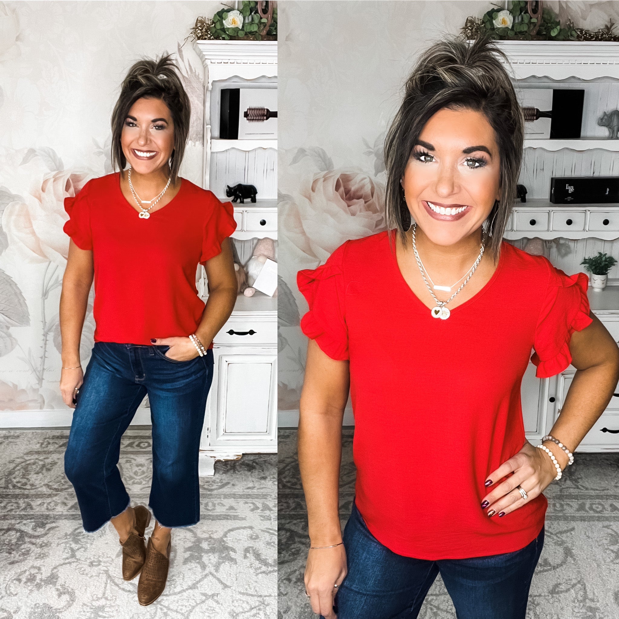 See It Clear Ruffle Slit Sleeve Top - Red