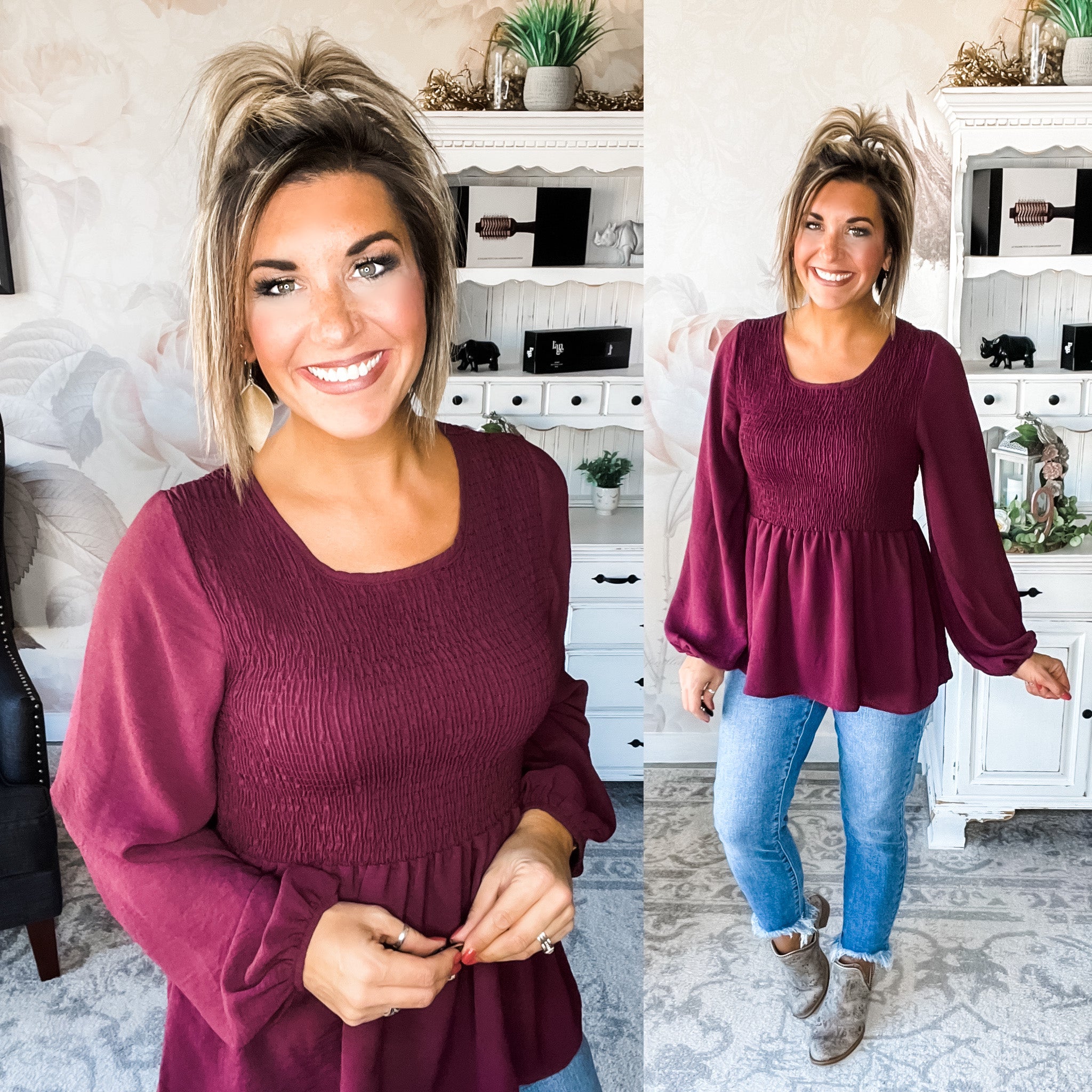 Wishing for Change Smocked Top - Plum