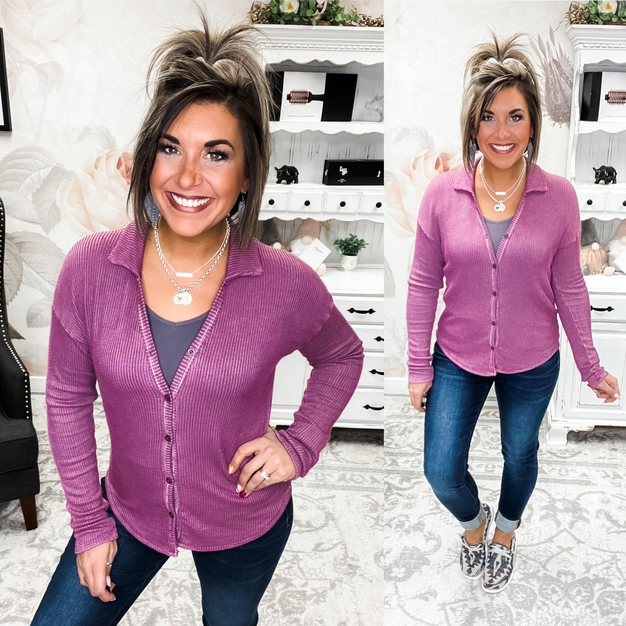 We Are Love Button Down Top - Dark Mauve