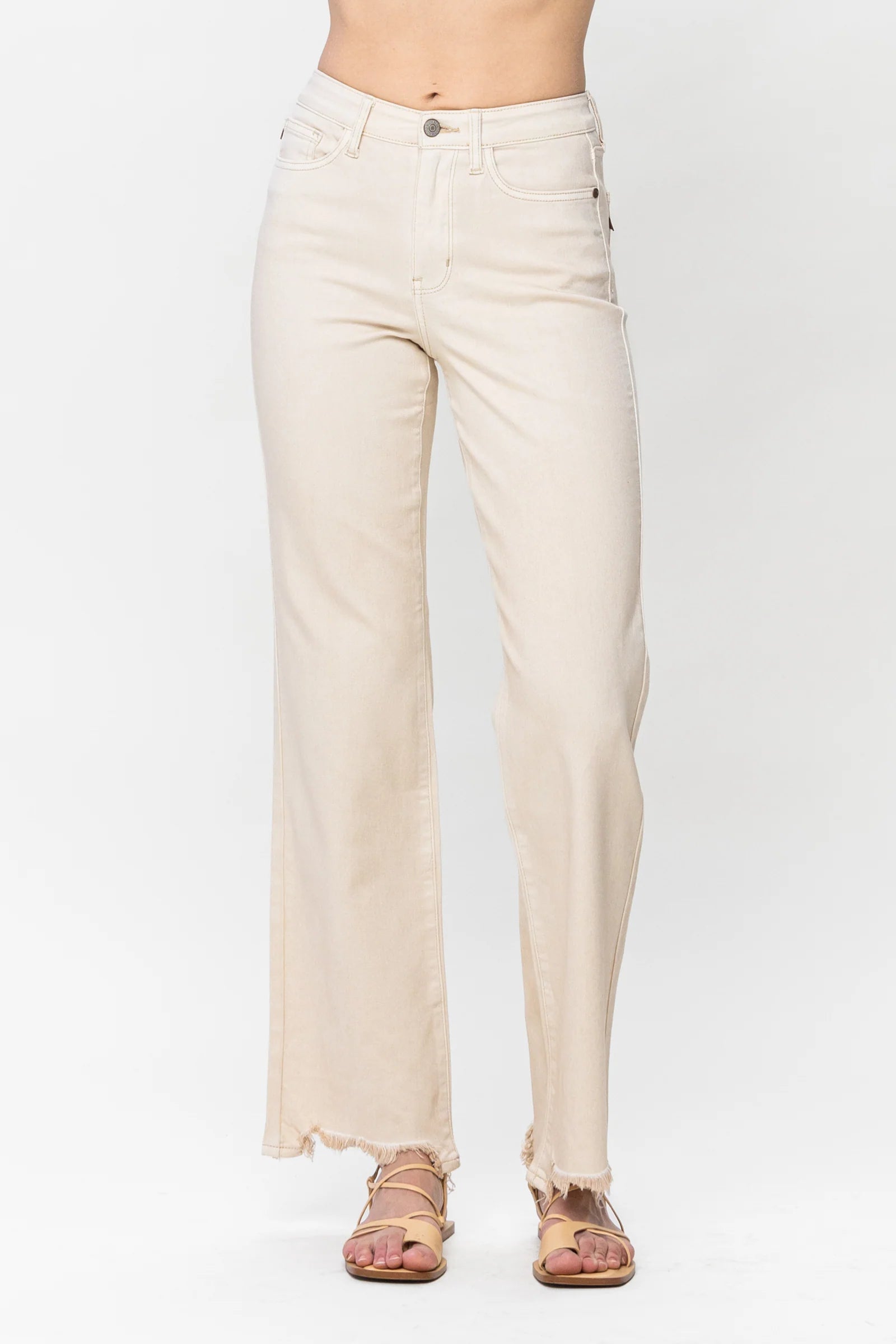 Judy Blue Destroyed Hem Straight Leg Jeans - Light Khaki