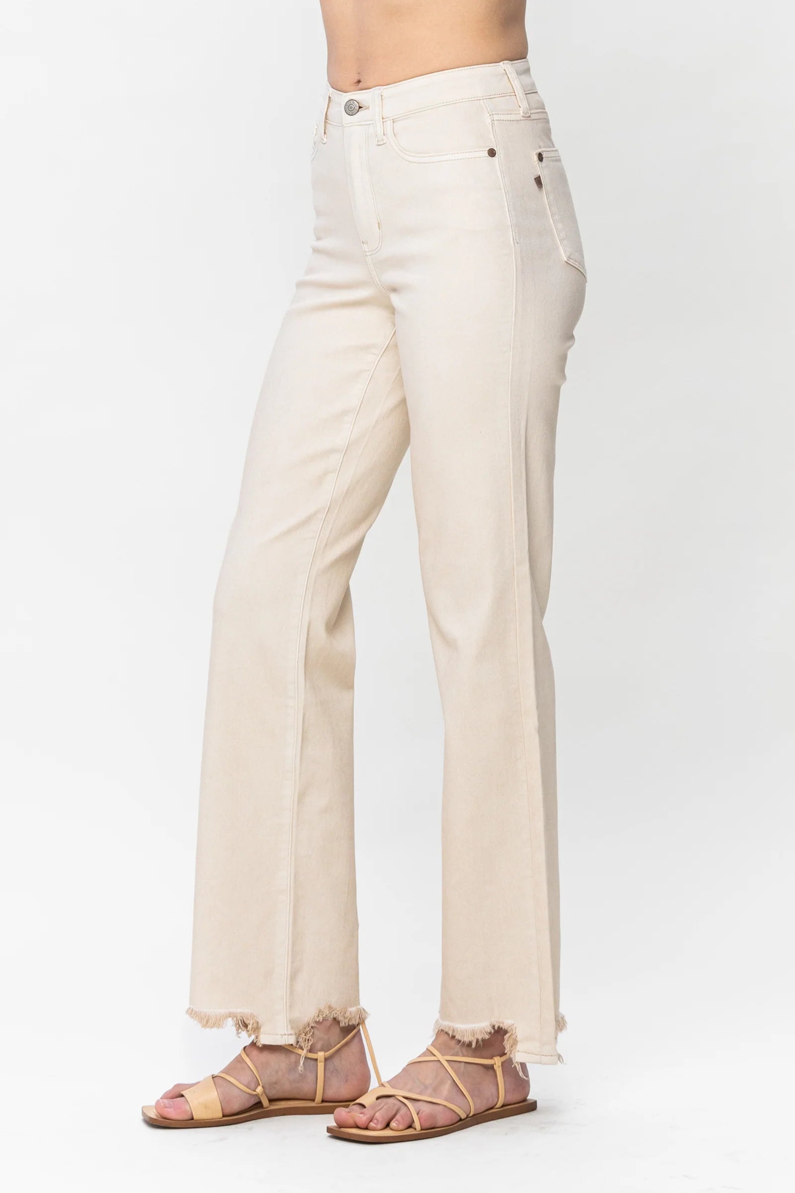 Judy Blue Destroyed Hem Straight Leg Jeans - Light Khaki