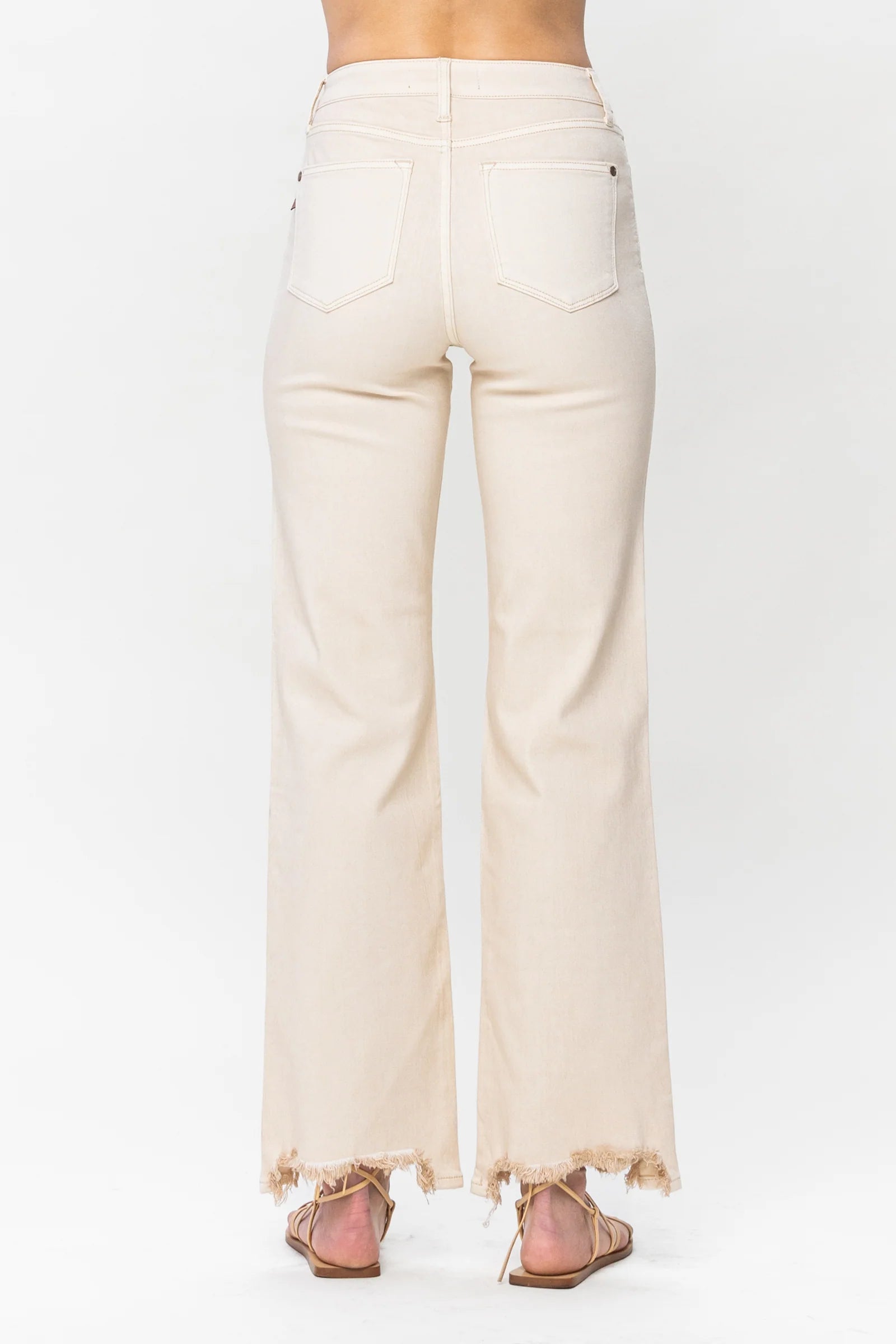 Judy Blue Destroyed Hem Straight Leg Jeans - Light Khaki