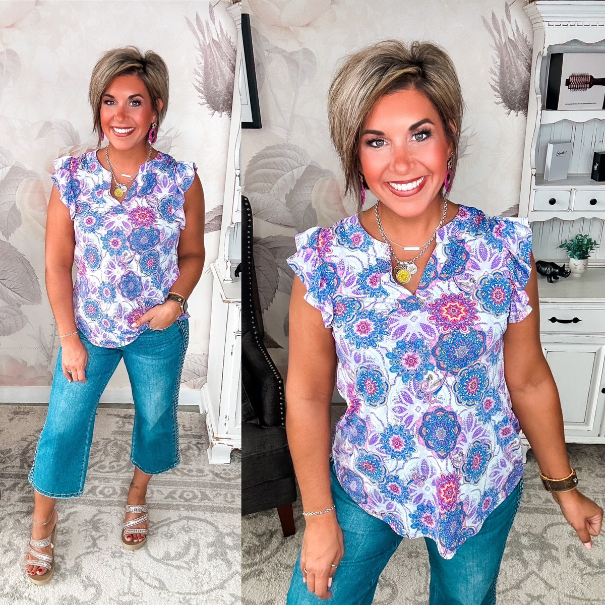 Figure It Out Ruffle Sleeve Top - Lavender Multi