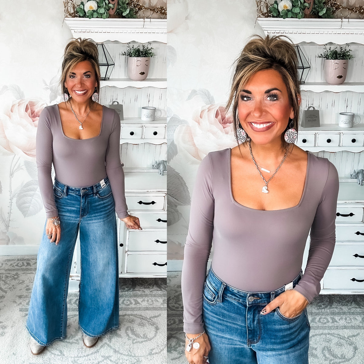 Ampersand Avenue Long Sleeve Bodysuit - Charcoal