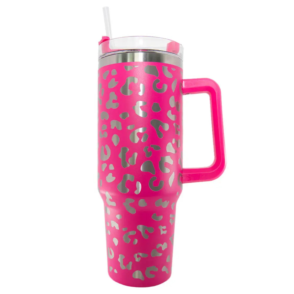 Hot Pink Metallic Leopard Tumbler Cup with Handle - 40oz