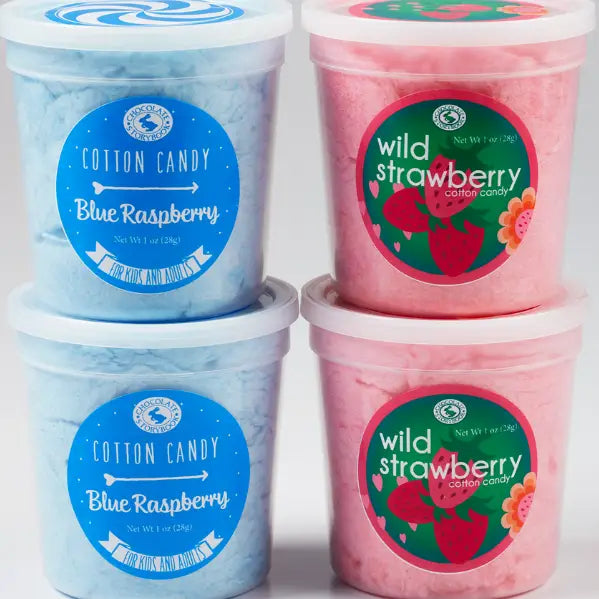 Two containers of blue raspberry cotton candy and two containers of wild strawberry cotton candy on a white background.