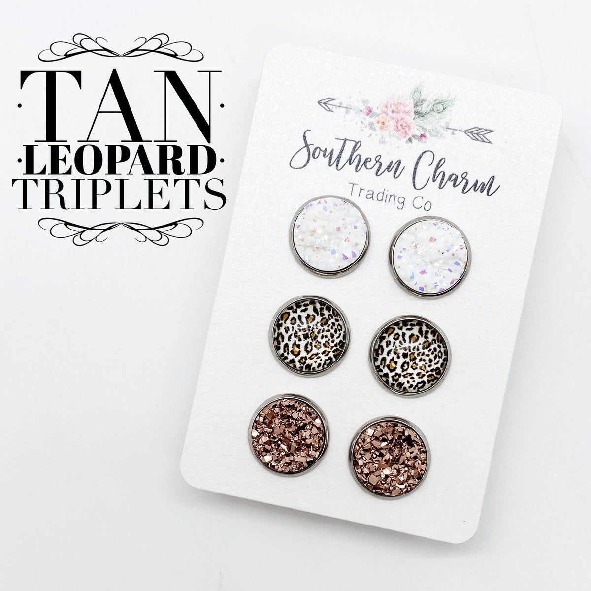 Tan Leopard Triplet Earrings