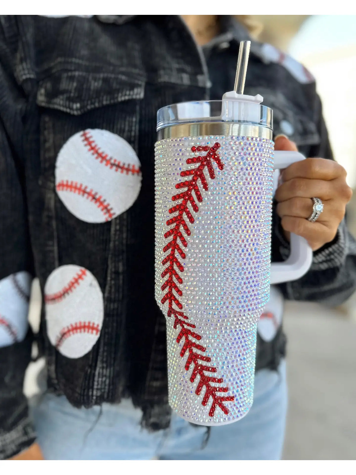 Crystal Baseball Wite/Red "Blinged Out" 40 Oz. Tumbler