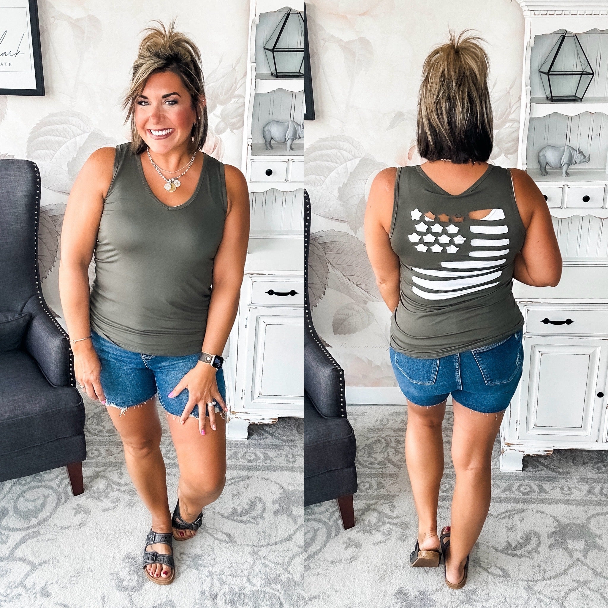 American Flag Laser Cut Tank - Olive