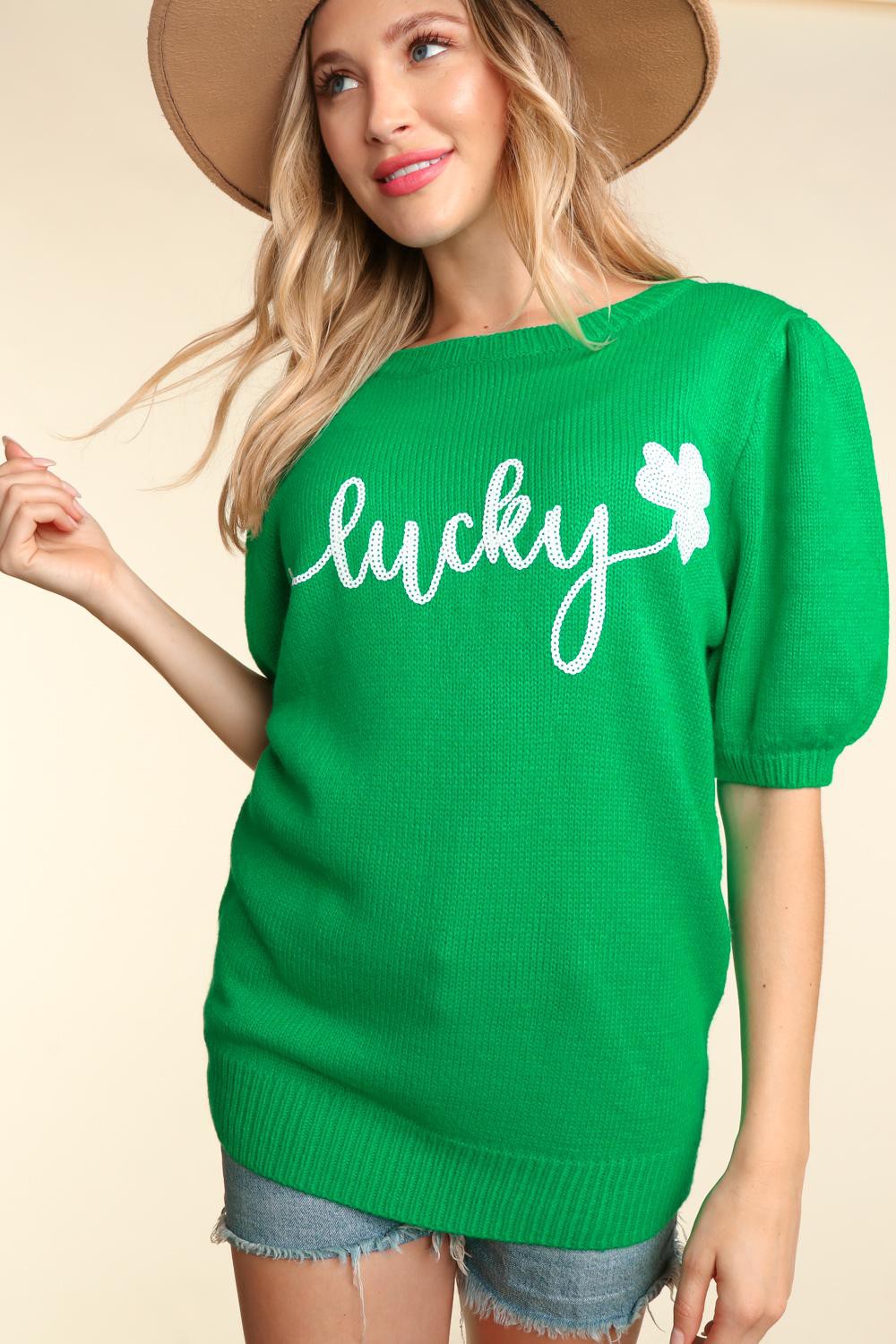 Lucky Shamrock Puff Sleeve Sweater