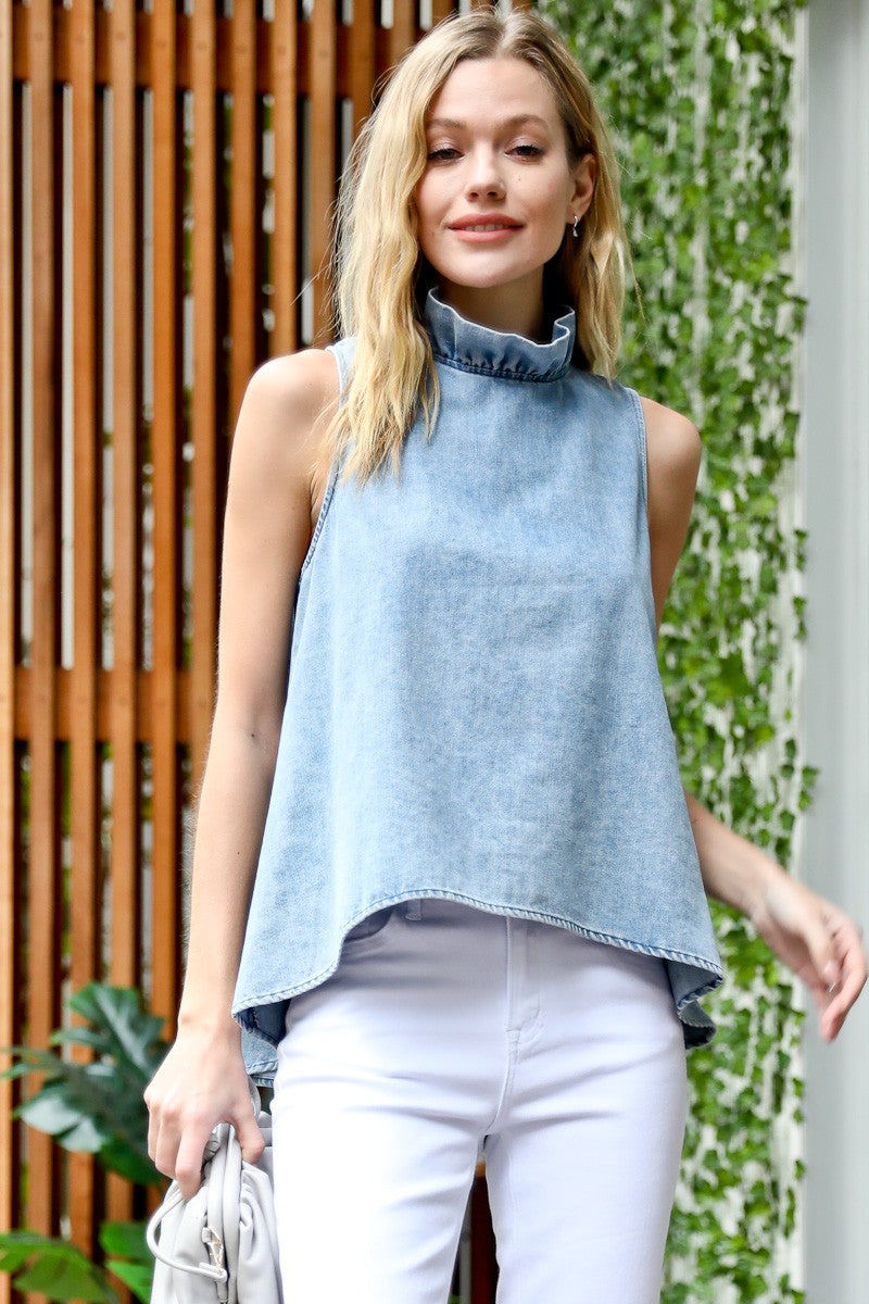Take the High Road Blouse - Washed Denim
