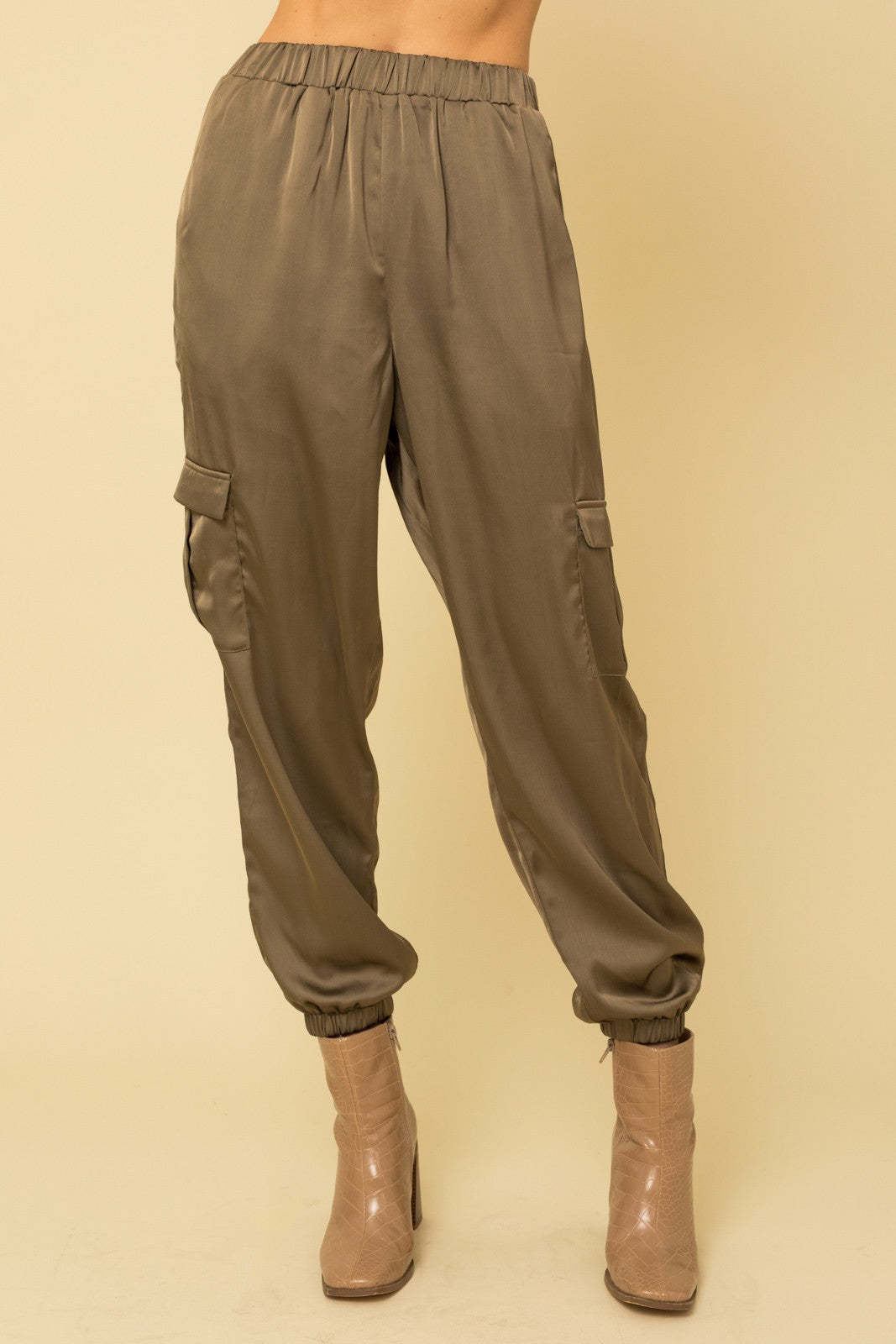We've Been Waiting Satin Joggers - Olive