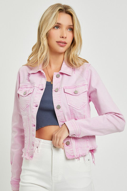 Make Me Happy Fray Hem Color Jean Jacket - Acid Wash Pink