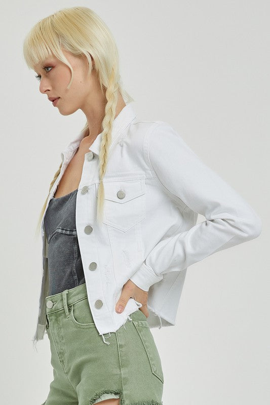 Make Me Happy Fray Hem Jean Jacket - White