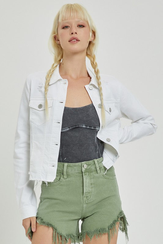Make Me Happy Fray Hem Jean Jacket - White
