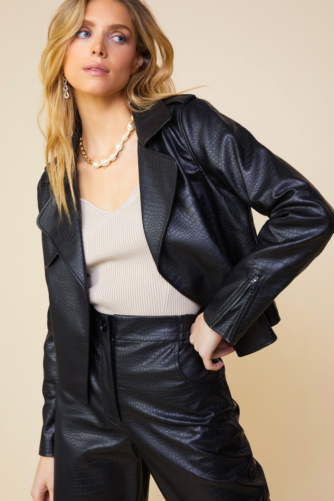 Vegan Leather Biker Jacket with Belt