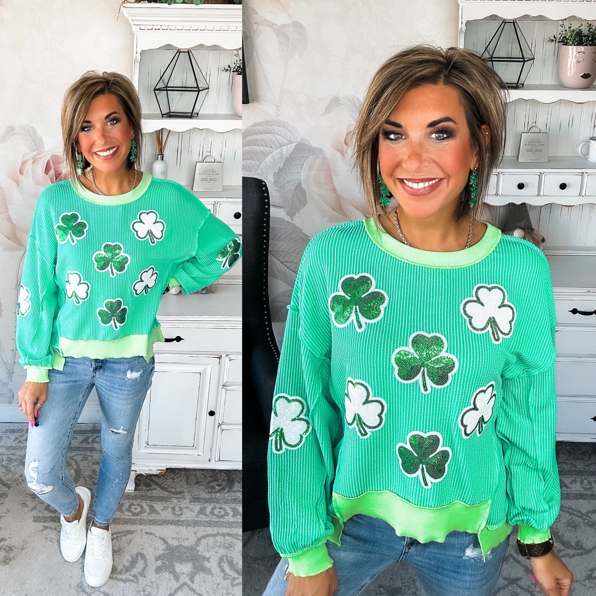 St Pat's Ribbed Sequin Clover Pullover