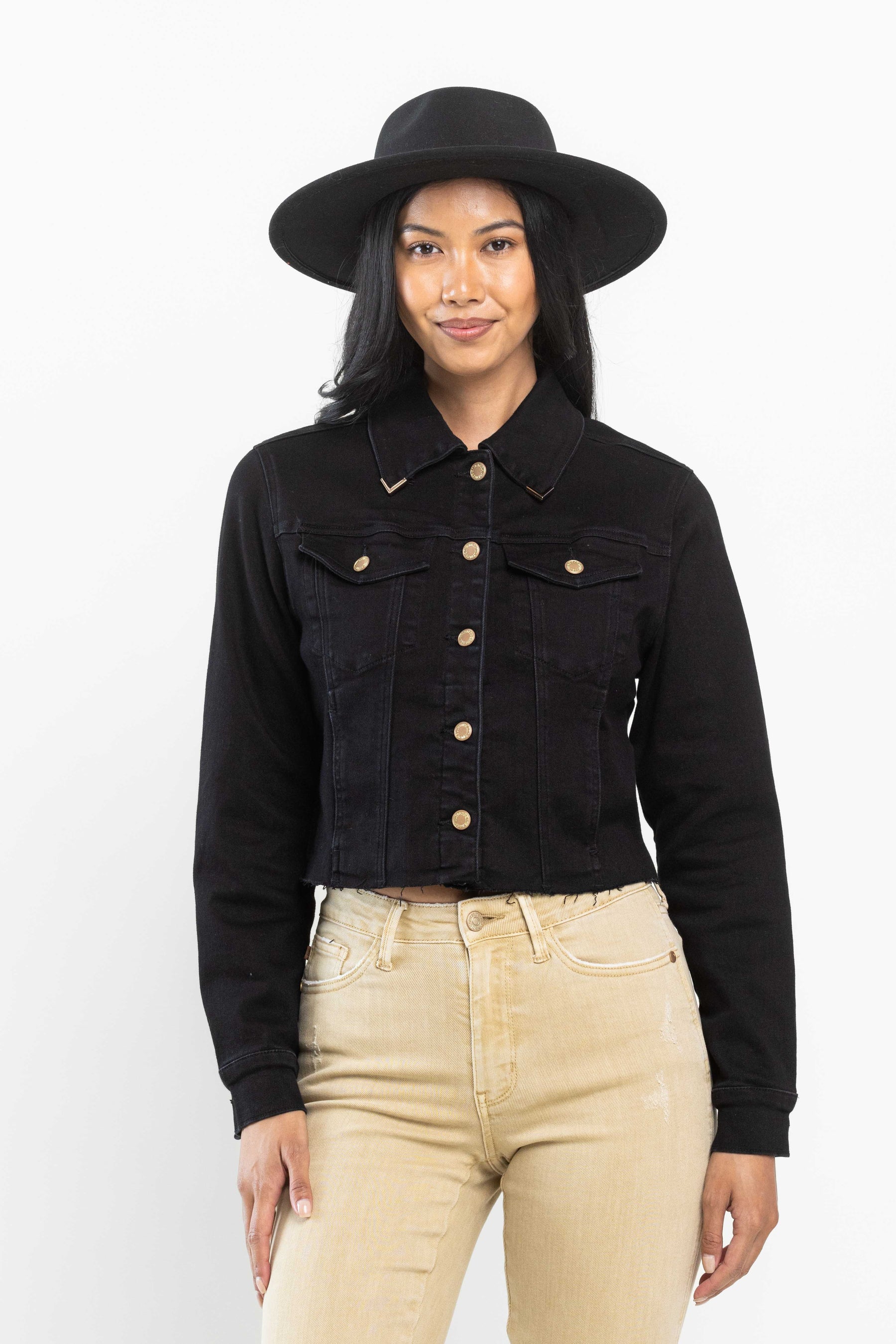 Judy Blue Gold Trim Raw Hem Jean Jacket