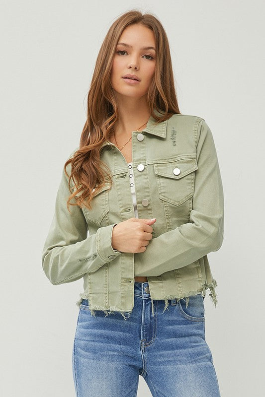 Make Me Happy Fray Hem Color Jean Jacket - Olive
