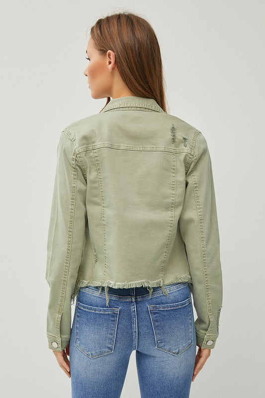 Make Me Happy Fray Hem Color Jean Jacket - Olive
