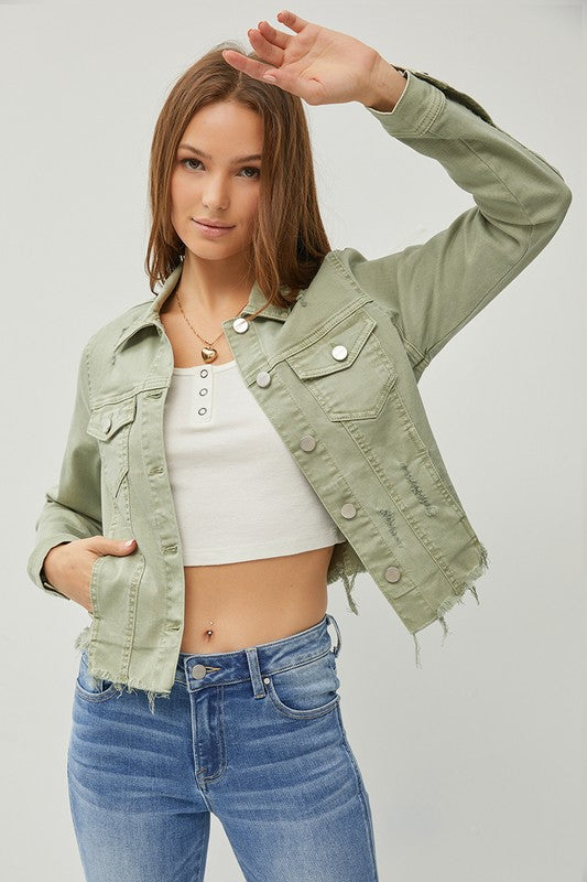 Make Me Happy Fray Hem Color Jean Jacket - Olive