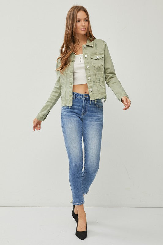 Make Me Happy Fray Hem Color Jean Jacket - Olive