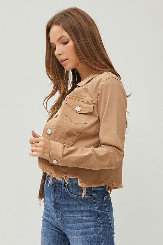 Make Me Happy Fray Hem Color Jean Jacket - Mocha