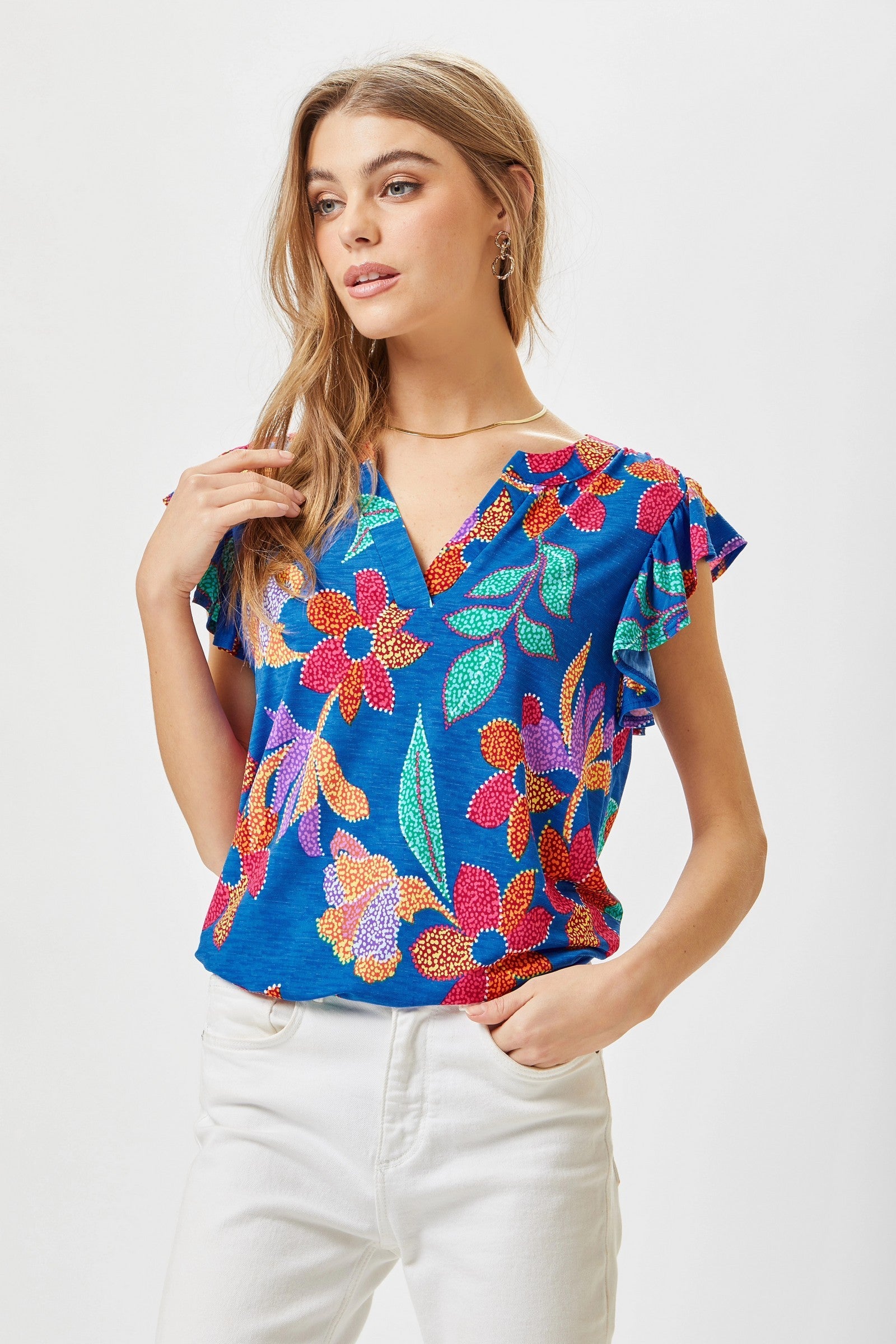 Figure It Out Ruffle Sleeve Top - Blue