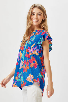 Figure It Out Ruffle Sleeve Top - Blue