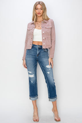 Make Me Happy Fray Hem Color Jean Jacket - Mauve