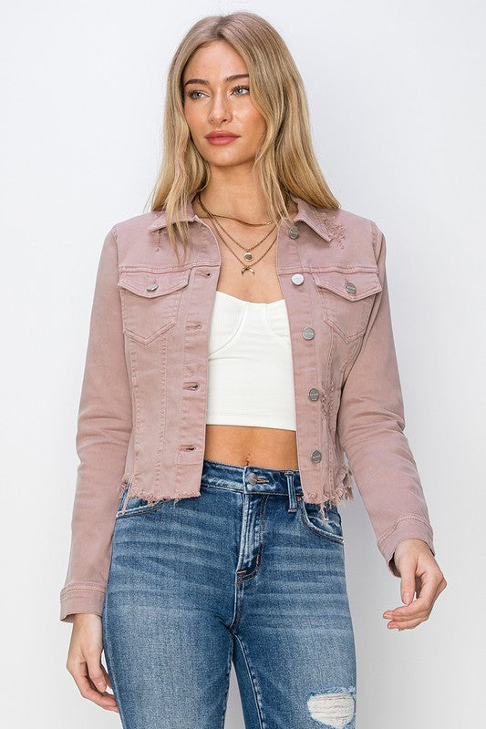 Make Me Happy Fray Hem Color Jean Jacket - Mauve