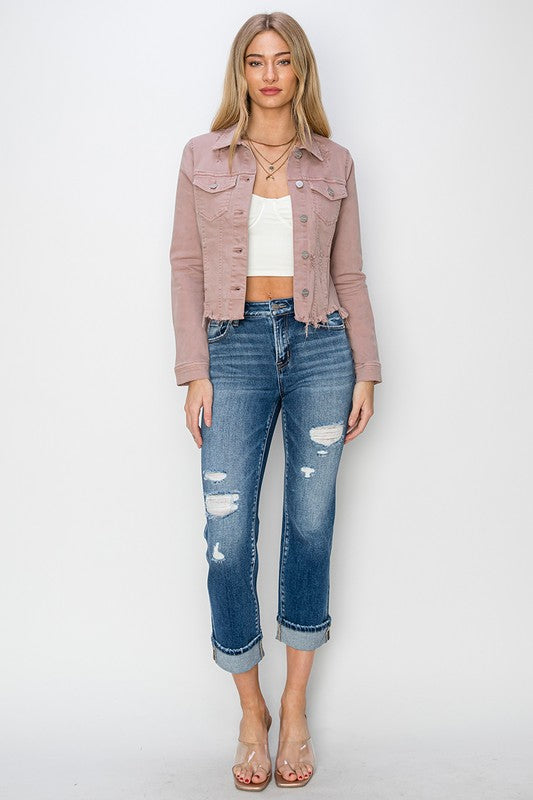 Make Me Happy Fray Hem Color Jean Jacket - Mauve