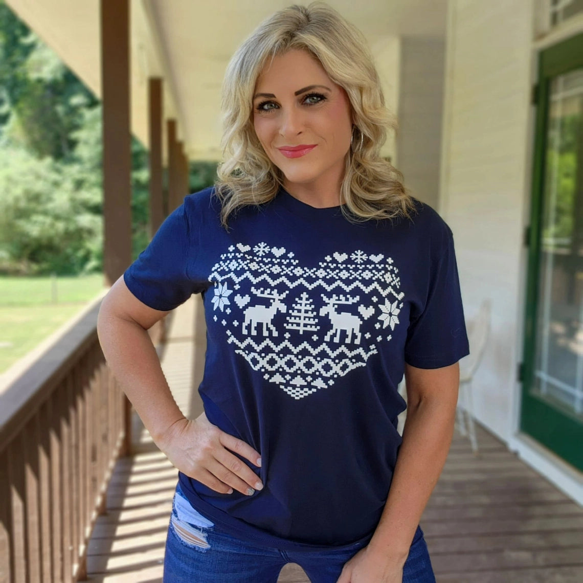 Merry Moose Christmas Heart Graphic Tee