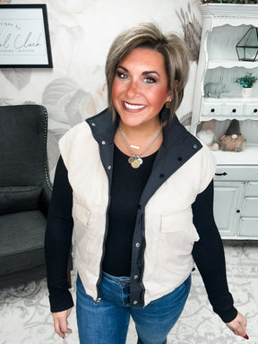 Stay Out All Night Reversible Puffer Vest - Black/Ivory