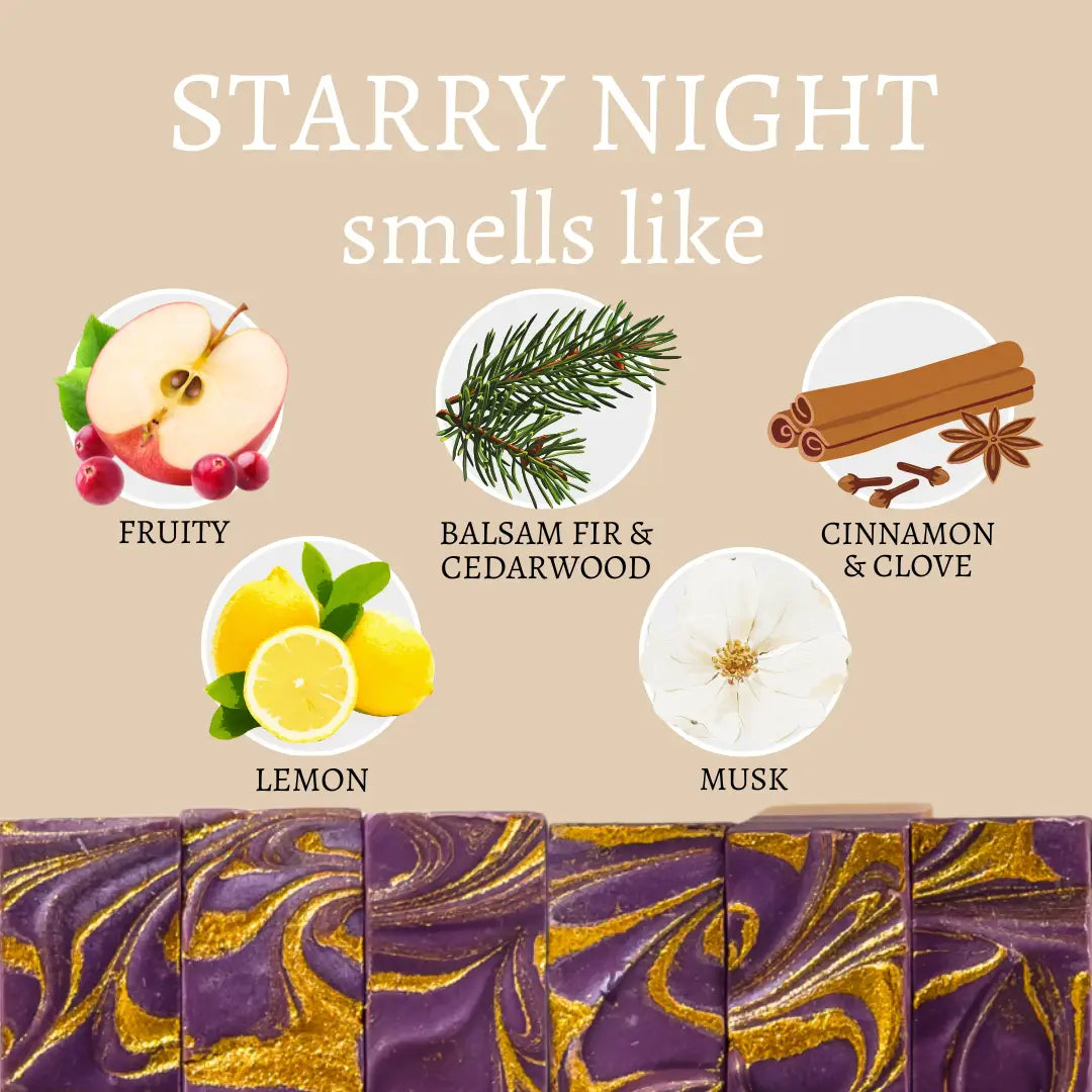 Starry Night smells like fruity, lemon, balsam fir and cedarwood, cinnamon and clove, musk