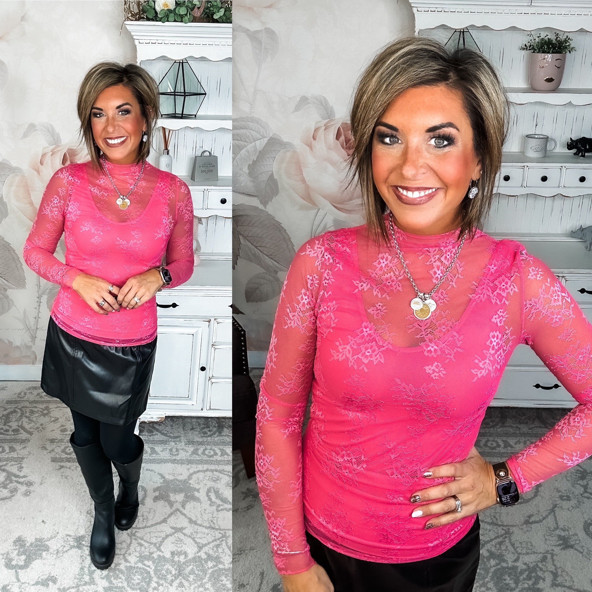 Sweetest Friend Mesh Lace Top - Hot Pink