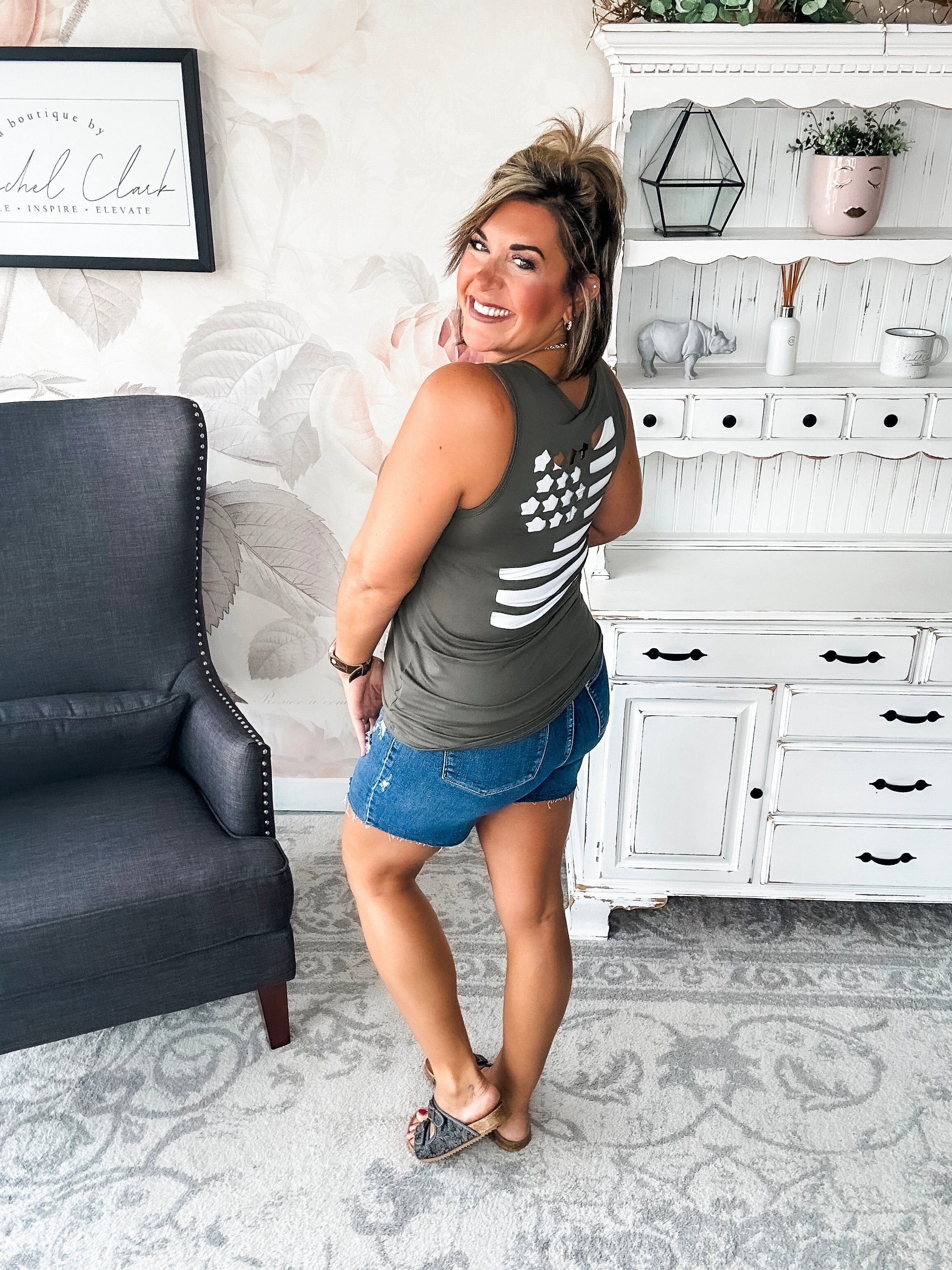 American Flag Laser Cut Tank - Olive
