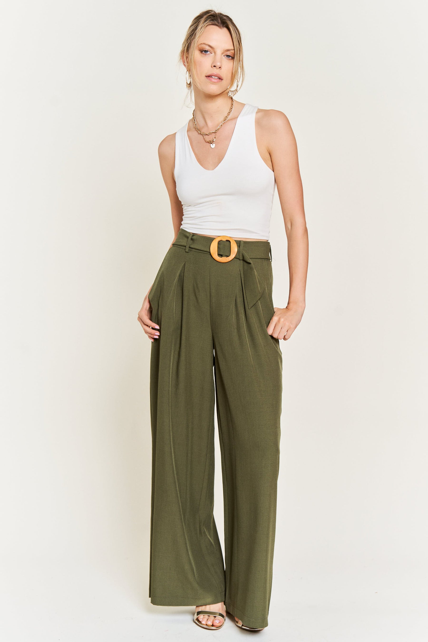 On the Bright Side Belted Pants - Olive