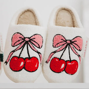 Cherry Bow Fuzzy Sherpa Slippers