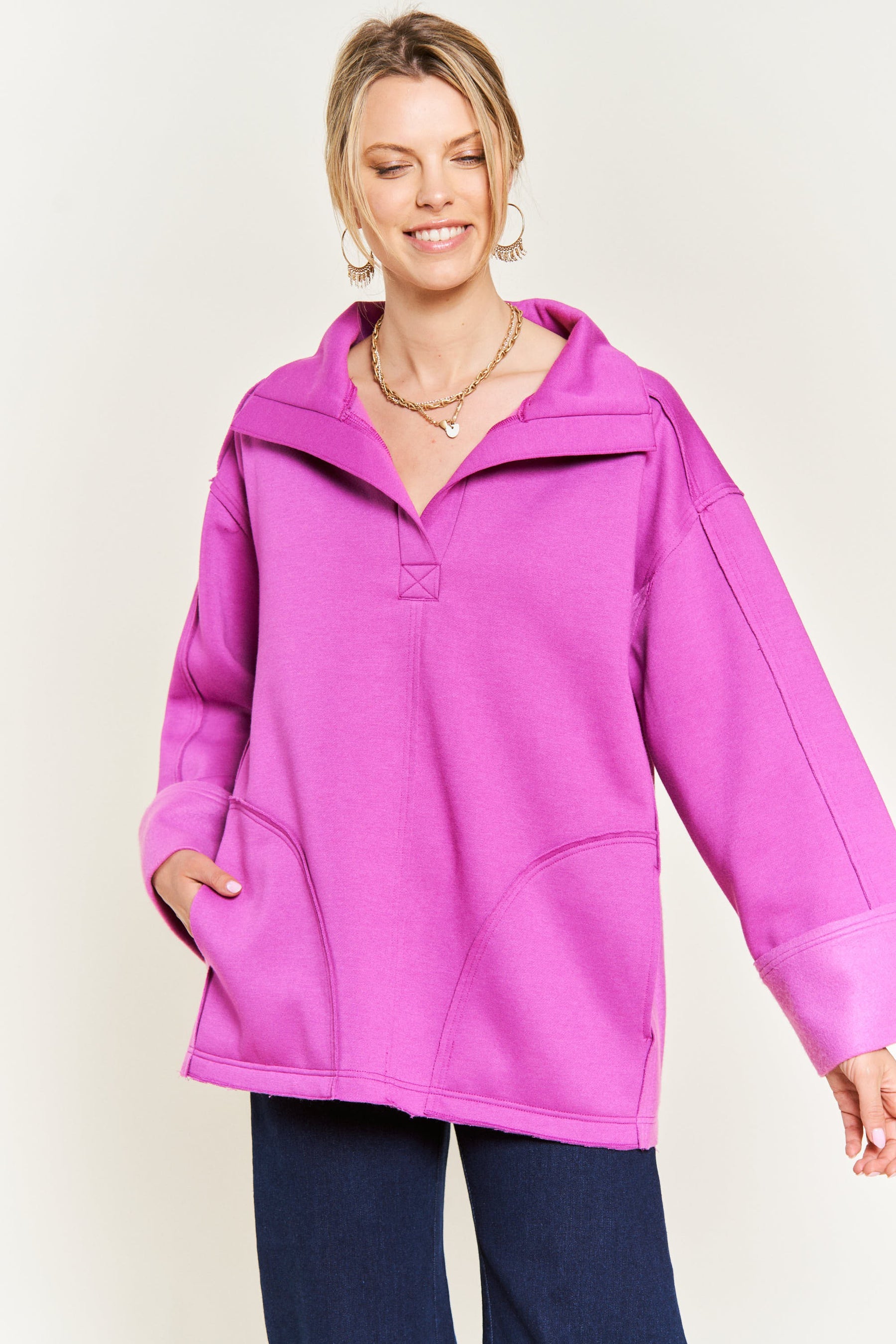 Together At Last Collared Pullover - Magenta