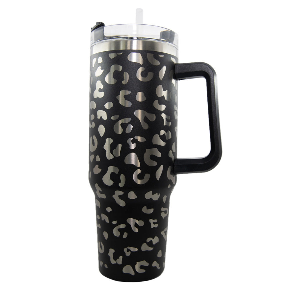 Black Metallic Leopard Tumbler Cup with Handle - 40oz