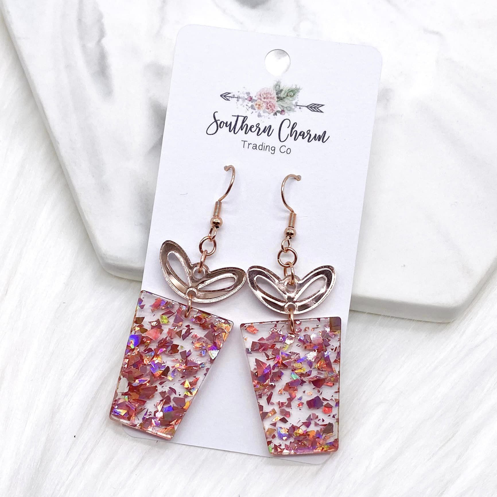 Rose Gold Confetti Present Acrylic Earrings - 2" Gift Bags