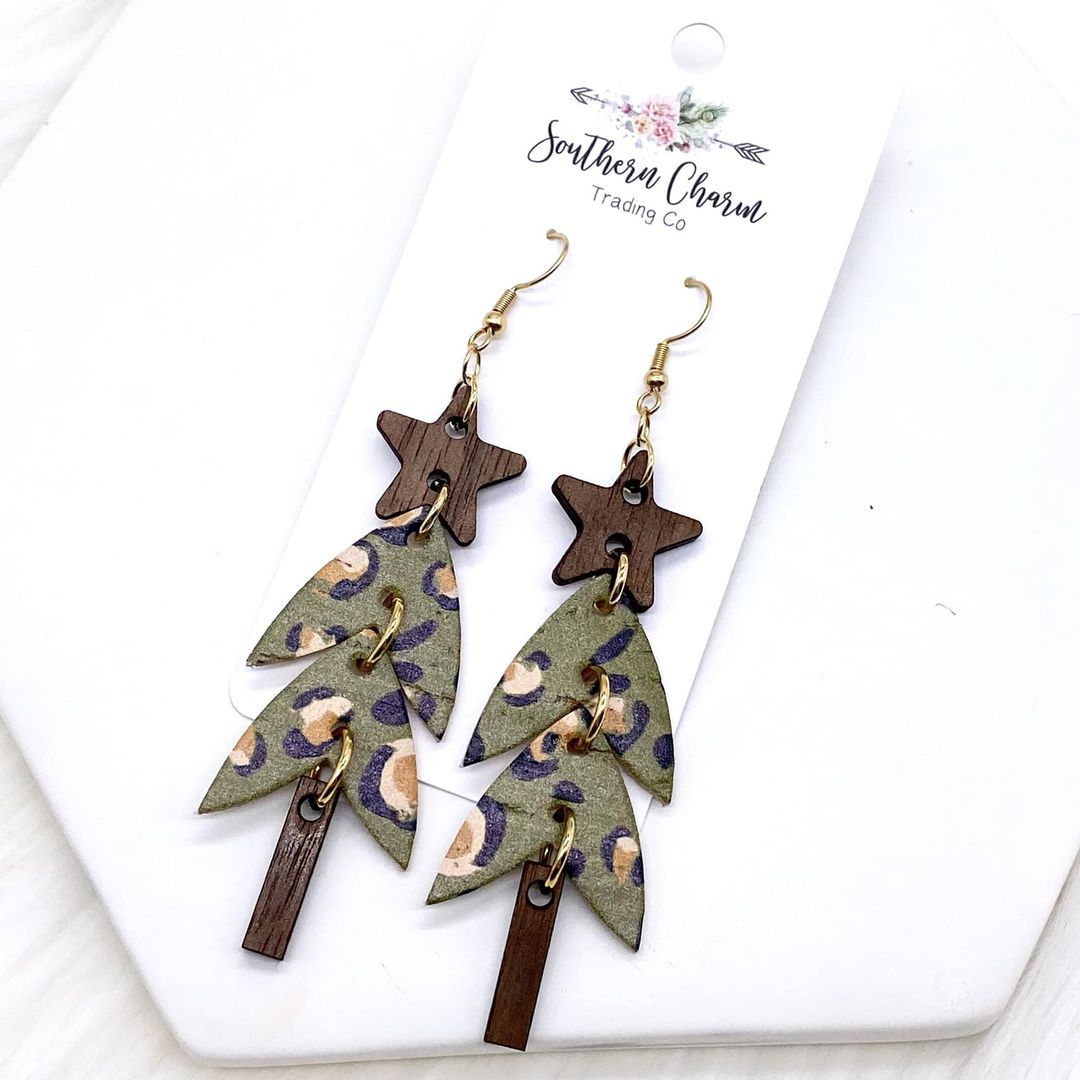 3.25" Martini Olive Leopard Decorated Tree Earrings