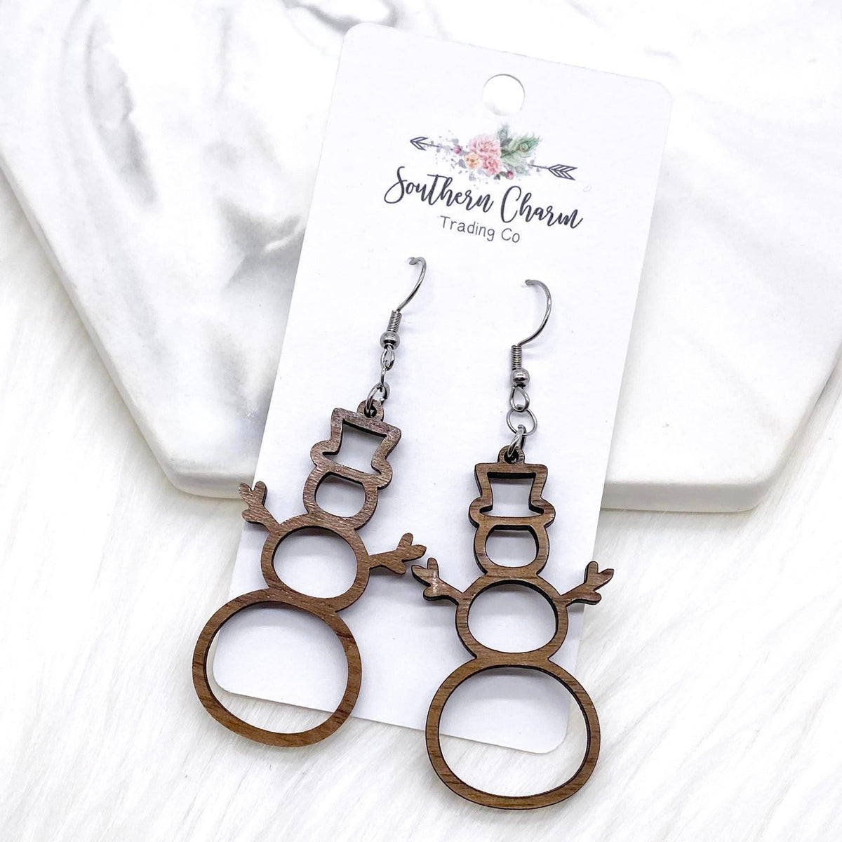 2.5" Wooden Snowman Christmas Earrings