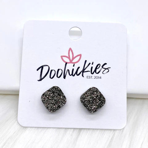 10mm Glitter Square Earrings - Gunmetal