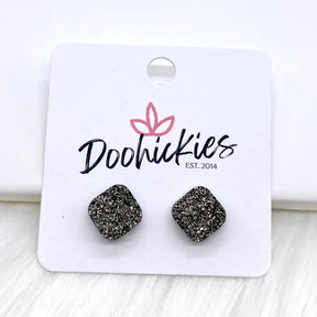 10mm Glitter Square Earrings - Gunmetal